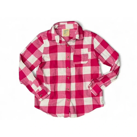 There Abouts Girls Pink White Checkered Button Down Flannel Size Large 14 - Picture 1 of 6